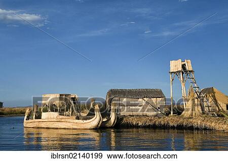Stock Photo - Floating islands of the Urus on Lake Titicaca, constructed by the totora reeds growing there, Puno, Peru, South America. Fotosearch