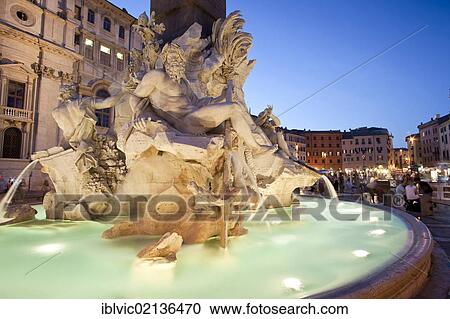 Fontana dei Quattro Fiumi, Fountain of the Four Rivers by Bernini in the evening twilight, Piazza Navona, Rome, Italy, Europe View Large Photo Image Stock Image - Fontana dei Quattro Fiumi, Fountain of the Four Rivers by Bernini in the evening twilight, Piazza Navona, Rome, Italy, Europe. Fotosearch