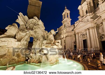 Fontana dei Quattro Fiumi, Fountain of the Four Rivers, by Bernini, and S. Agnese in agony at dusk, Piazza Navona, Rome, Italy, Europe View Large Photo Image Stock Image - Fontana dei Quattro Fiumi, Fountain of the Four Rivers, by Bernini, and S. Agnese in agony at dusk, Piazza Navona, Rome, Italy, Europe. Fotosearch