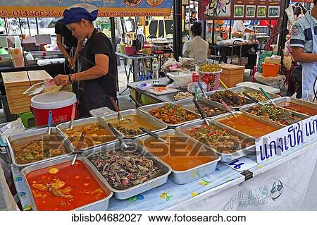 Food stand with typical dishes, Chillva Market, Phuket, Thailand, Asia View Large Photo Image Stock Photo - Food stand with typical dishes, Chillva Market, Phuket, Thailand, Asia. Fotosearch