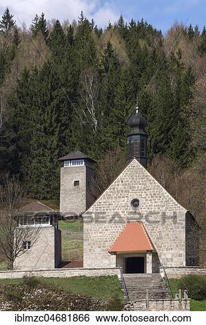 Former watchtowers and devotional chapel in the concentration camp memorial Flossenbürg, Flossenbürg, Upper Palatinate, Bavaria, Germany, Europe View Large Photo Image Stock Photograph - Former watchtowers and devotional chapel in the concentration camp memorial Flossenbürg, Flossenbürg, Upper Palatinate, Bavaria, Germany, Europe. Fotosearch