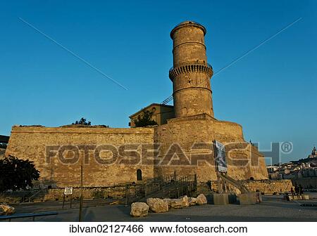 Stock Photograph - Fort Saint-Jean, built in 1660 by Louis XIV, at the entrance to the Vieux Port, Old Port, Marseille, Provence, France, Europe. Fotosearch