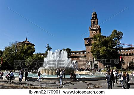 Stock Image - Fountain and Castello Sforzesco, Sforza Castle, built from 1450, Milan, Milano, Lombardy, Italy, Europe, PublicGround, Europe. Fotosearch