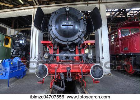 Stock Photograph - Freight locomotive 44 381 from 1941 in the roundhouse, Bavarian Railway Museum Nördlingen, Nördlingen, Bavaria, Germany, Europe. Fotosearch