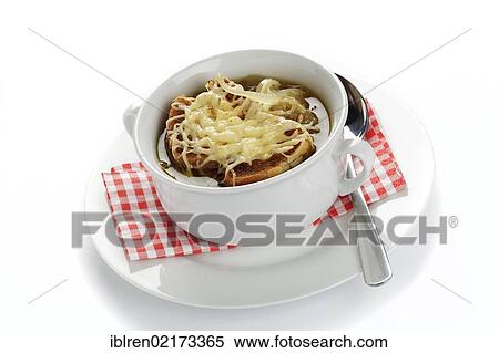 Stock Photography - French or Parisian onion soup with croutons and cheese, au gratin. Fotosearch