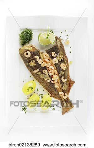 Stock Photo - Fresh Plaice (Pleuronectes platessa), Buesum style with shrimps and boiled potatoes. Fotosearch