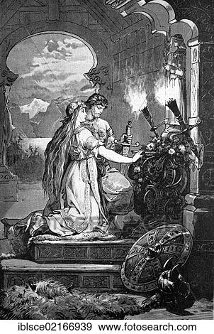 Frithjof and Ingeborg in Baldur's Temple, Frithjof's Saga, a Norse heroic saga in the style of a Fornaldarsaga or legendary saga, historical wood engraving, 1886 View Large Photo Image Stock Photo - Frithjof and Ingeborg in Baldur's Temple, Frithjof's Saga, a Norse heroic saga in the style of a Fornaldarsaga or legendary saga, historical wood engraving, 1886. Fotosearch