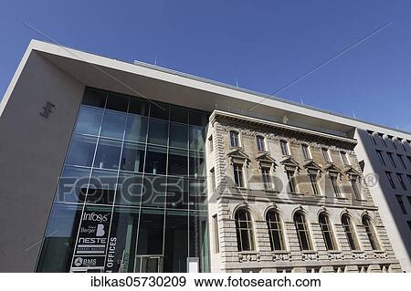 Stock Photo - Fürst &amp; Friederich office building, design offices, classicist facade integrated into modern glass front, Düsseldorf, North Rhine-Westphalia, Germany, Europe. Fotosearch