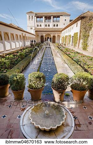 Garden with fountain, Patio de la Acequia, Gardens of the Generalife, Summer Palace Generalife, Palacio de Generalife, Granada, Andalusia, Spain, Europe View Large Photo Image Stock Image - Garden with fountain, Patio de la Acequia, Gardens of the Generalife, Summer Palace Generalife, Palacio de Generalife, Granada, Andalusia, Spain, Europe. Fotosearch
