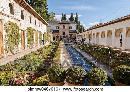 Stock Photo - Garden with fountain, Patio de la Acequia, Gardens of the Generalife, Summer Palace Generalife, Palacio de Generalife, Granada, Andalusia, Spain, Europe. Fotosearch