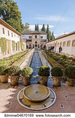 Stock Photo - Garden with fountain, Patio de la Acequia, Gardens of the Generalife, Summer Palace Generalife, Palacio de Generalife, Granada, Andalusia, Spain, Europe. Fotosearch