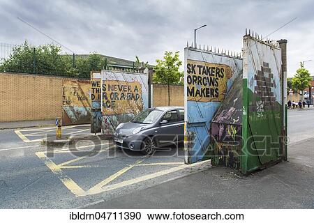 Gate passage and checkpoint between Catholic and Protestant districts, Belfast, County Antrim, Northern Ireland, Great Britain View Large Photo Image Stock Image - Gate passage and checkpoint between Catholic and Protestant districts, Belfast, County Antrim, Northern Ireland, Great Britain. Fotosearch