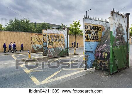 Gate passage and checkpoint between Catholic and Protestant districts, Belfast, County Antrim, Northern Ireland, Great Britain View Large Photo Image Stock Photo - Gate passage and checkpoint between Catholic and Protestant districts, Belfast, County Antrim, Northern Ireland, Great Britain. Fotosearch