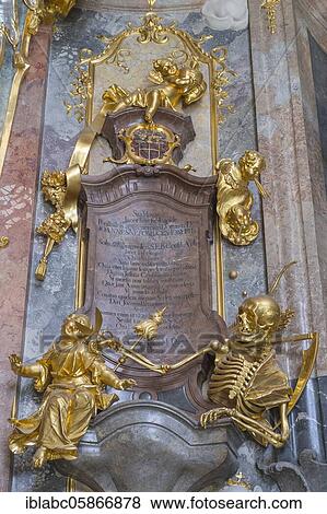 Stock Photo - Gevatter Tod mit Sense und Schere, In the anteroom, Baroque St. Johann Nepomuk Church, Asam Church, Sendlinger Str. Munich, Upper Bavaria, Bavaria, Germany, Europe. Fotosearch