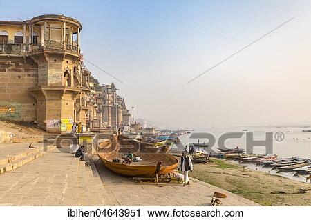 Stock Image - Ghats at the banks of Ganges river, Varanasi, Uttar Pradesh, India, Asia. Fotosearch