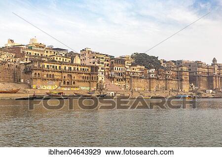 Ghats at the banks of Ganges river, Varanasi, Uttar Pradesh, India, Asia View Large Photo Image Stock Photo - Ghats at the banks of Ganges river, Varanasi, Uttar Pradesh, India, Asia. Fotosearch