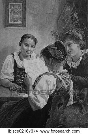 Girl reading a love letter to friends, historical engraving, 1880 View Large Photo Image Picture - Girl reading a love letter to friends, historical engraving, 1880. Fotosearch