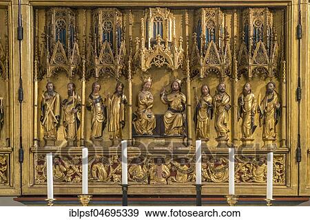 Gothic winged altar, depiction of the Coronation of Mary as Queen of Heaven in the presence of saints, Protestant-Lutheran parish church St. Jacobi, Göttingen, Lower Saxony, Germany, Europe View Large Photo Image Stock Photo - Gothic winged altar, depiction of the Coronation of Mary as Queen of Heaven in the presence of saints, Protestant-Lutheran parish church St. Jacobi, Göttingen, Lower Saxony, Germany, Europe. Fotosearch
