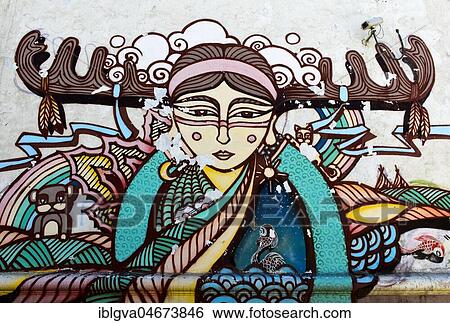 Graffiti, colourful painting of a young Mongolian woman on a house wall, Ulanbator, Mongolia, Asia View Large Photo Image Stock Photograph - Graffiti, colourful painting of a young Mongolian woman on a house wall, Ulanbator, Mongolia, Asia. Fotosearch