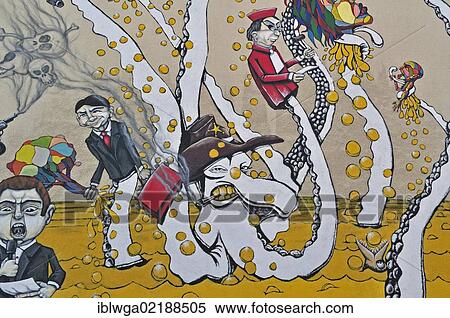 Stock Photography - Graffiti, Die Krake Kapital und ihre Arme, German for The Capital Octopus and its Arms, Cityleaks Festival, Cologne, North Rhine-Westphalia, Germany, Europe, PublicGround, Europe. Fotosearch