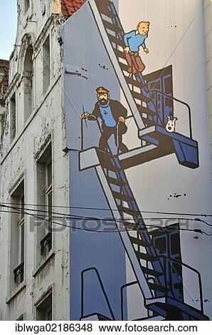 Stock Photo - Graffiti, Tintin mural on a wall, inner city, Brussels, Belgium, Benelux, Europe, PublicGround, Europe. Fotosearch