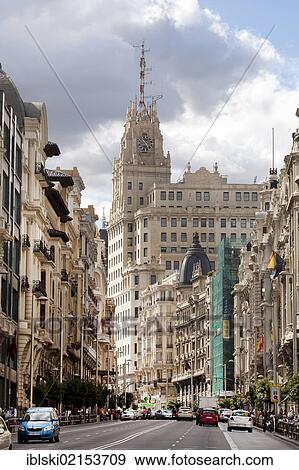 Gran Via boulevard with the head office, headquarters, of the Spanish telecommunications company Telefonica, Madrid, Spain, Europe View Large Photo Image Stock Photo - Gran Via boulevard with the head office, headquarters, of the Spanish telecommunications company Telefonica, Madrid, Spain, Europe. Fotosearch