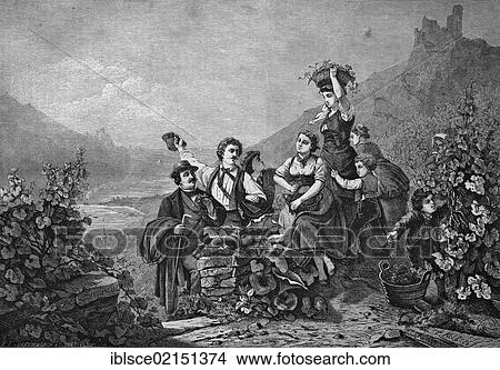 Picture - Grape harvest on the Rhine, historical engraving, 1869. Fotosearch