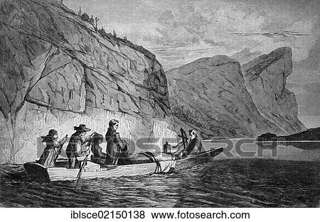 Stock Photo - Grave ride on a lake in Upper Austria, historical woodcut, circa 1870. Fotosearch
