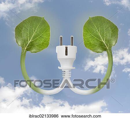 Stock Photograph - Green leaves with plug, symbolic image for alternative energy, illustration. Fotosearch