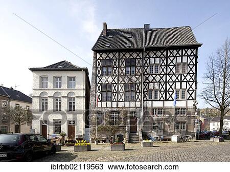 Stock Image - Half-timbered house, historic town centre of Kornelimuenster, Aachen, North Rhine-Westphalia, Germany, Europe, PublicGround, Europe. Fotosearch