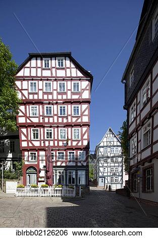 Stock Photograph - Half-timbered house, Schlosstreppe, Upper Town, Marburg, Hesse, Germany, Europe, PublicGround, Europe. Fotosearch