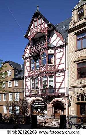 Stock Photo - Half-timbered house, Steinweg, Marburg, Hesse, Germany, Europe, PublicGround, Europe. Fotosearch