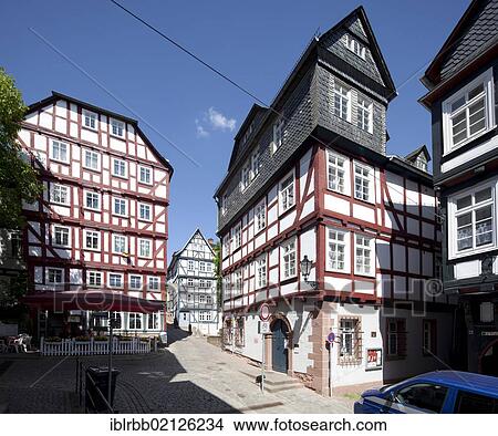 Picture - Half-timbered houses in the historic town centre, Marburg, Hesse, Germany, Europe, PublicGround, Europe. Fotosearch