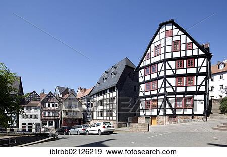 Stock Photo - Half-timbered houses in the historic town centre, Marburg, Hesse, Germany, Europe, PublicGround, Europe. Fotosearch