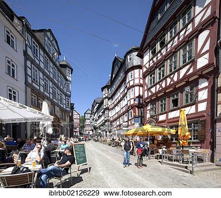 Stock Photo - Half-timbered houses in the historic town centre, Marburg, Hesse, Germany, Europe, PublicGround, Europe. Fotosearch