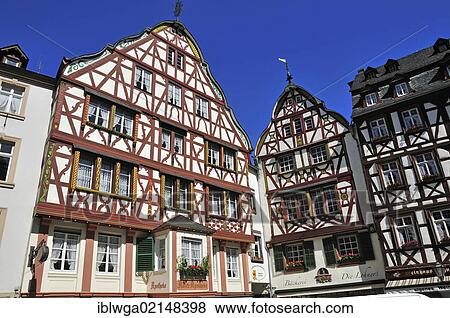 Stock Photo - Half-timbered houses on the marketplace of Bernkastel-Kues, Rhineland-Palatinate, Germany, Europe, PublicGround, Europe. Fotosearch