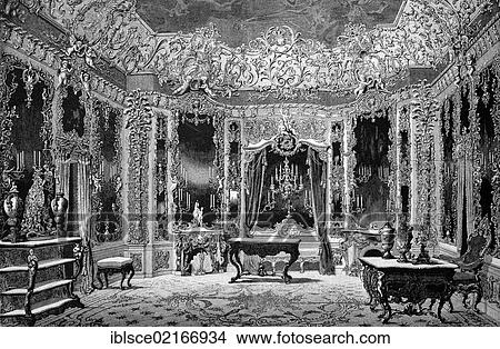 Hall of Mirrors in Schloss Linderhof Palace, Ettal, Bavaria, Germany, historical wood engraving, 1886, Europe View Large Photo Image Picture - Hall of Mirrors in Schloss Linderhof Palace, Ettal, Bavaria, Germany, historical wood engraving, 1886, Europe. Fotosearch