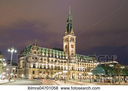 Stock Photo - Hamburg City Hall in the evening, Rathausmarkt, Hamburg. Fotosearch