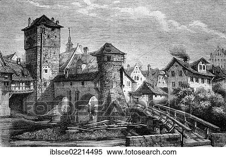 Hangman's Bridge and Iron Tower in Nuremberg, Germany, historical wood engraving, circa 1888, Europe View Large Photo Image Stock Photography - Hangman's Bridge and Iron Tower in Nuremberg, Germany, historical wood engraving, circa 1888, Europe. Fotosearch