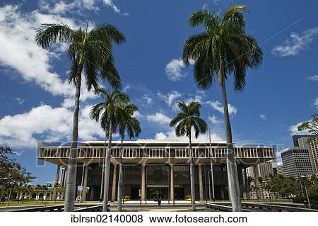 Stock Photo - Hawaii State Capitol, the building houses the Hawaii State Legislature, Senate and House of Representatives, and the offices of the governor and lieutenant-governor of Hawaii, Honolulu, Hawai'i, USA, North America. Fotosearch