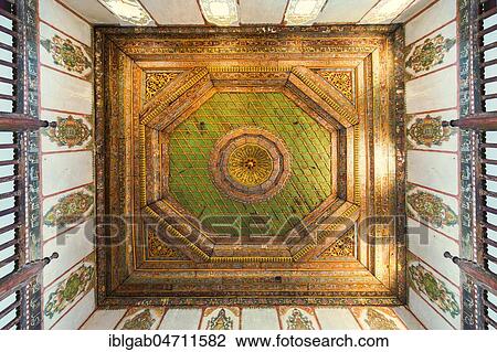 Stock Image - Helveti Teke, Bektashi Sufi shrine, Interior, Wooden decorated ceiling, Berat, Albania, Europe. Fotosearch