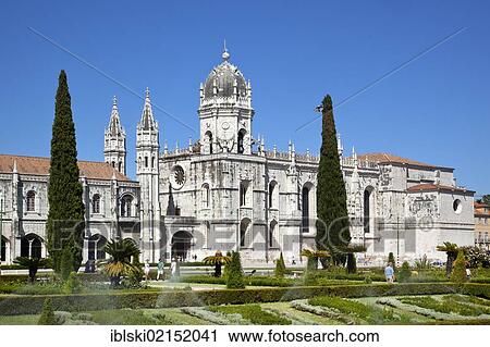 Stock Image - Hieronymus Monastery, Mosteiro dos Jeronimos, UNESCO World Heritage Site, with Praca do Imperio square in the district of Belem in Lisbon, Portugal, Europe. Fotosearch
