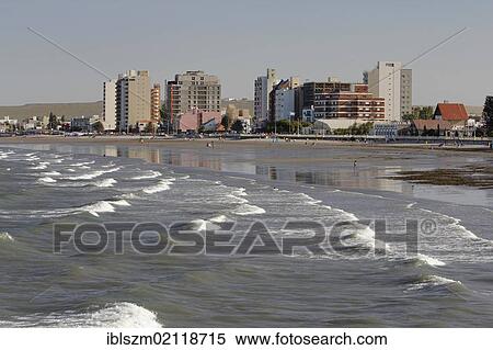 Stock Photography - High-rise buildings on the beach in Puerto Madryn, Chubut, Argentina, South America. Fotosearch