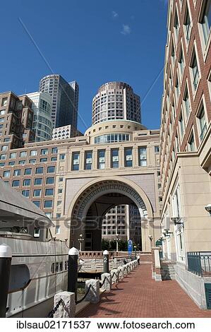 Stock Photo - High-rise towers, Financial District, large gate at Rowes Wharf, Harborwalk, Boston, Massachusetts, New England, USA, North America, America, North America. Fotosearch