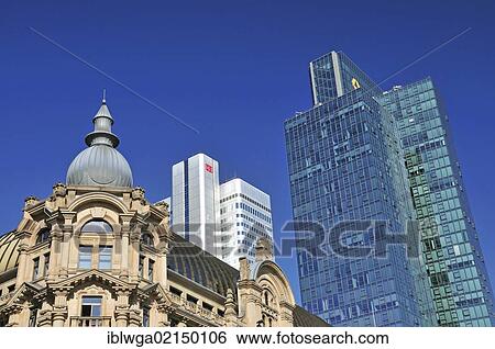 Stock Photograph - Historic building in front of the Dresdner Bank headquarters tower, Silberturm, Frankfurt am Main, Hesse, Germany, Europe, PublicGround, Europe. Fotosearch