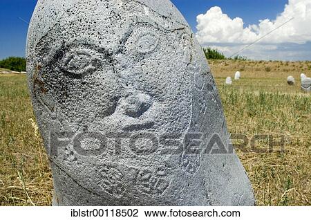 Stock Image - Historic grave stone, balbal, in Balasagun, silk road, Kyrgyzstan, Asia. Fotosearch