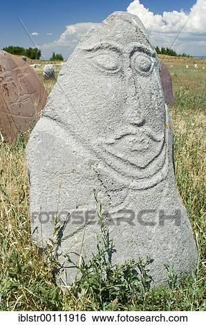 Stock Photograph - Historic grave stone, balbal, in Balasagun, silk road, Kyrgyzstan, Asia. Fotosearch