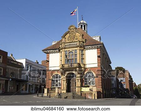 Stock Image - Historic town hall in centre of Marlborough, Wiltshire, England, United Kingdom, Europe. Fotosearch