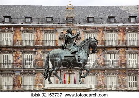 Historic town square of Plaza Mayor with an equestrian statue of Philip III by Giovanni Bologna in front of the frescoed Casa Panaderia, Madrid, Spain, Europe View Large Photo Image Stock Photo - Historic town square of Plaza Mayor with an equestrian statue of Philip III by Giovanni Bologna in front of the frescoed Casa Panaderia, Madrid, Spain, Europe. Fotosearch