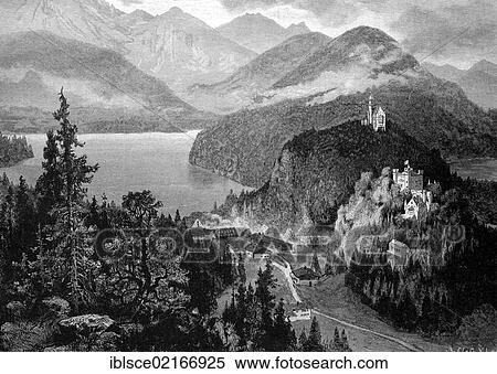 Hohenschwangau Castle and Neuschwanstein Castle as seen from the Jugend mountain ridge, Bavaria, Germany, historical wood engraving, 1886, Europe View Large Photo Image Stock Photography - Hohenschwangau Castle and Neuschwanstein Castle as seen from the Jugend mountain ridge, Bavaria, Germany, historical wood engraving, 1886, Europe. Fotosearch
